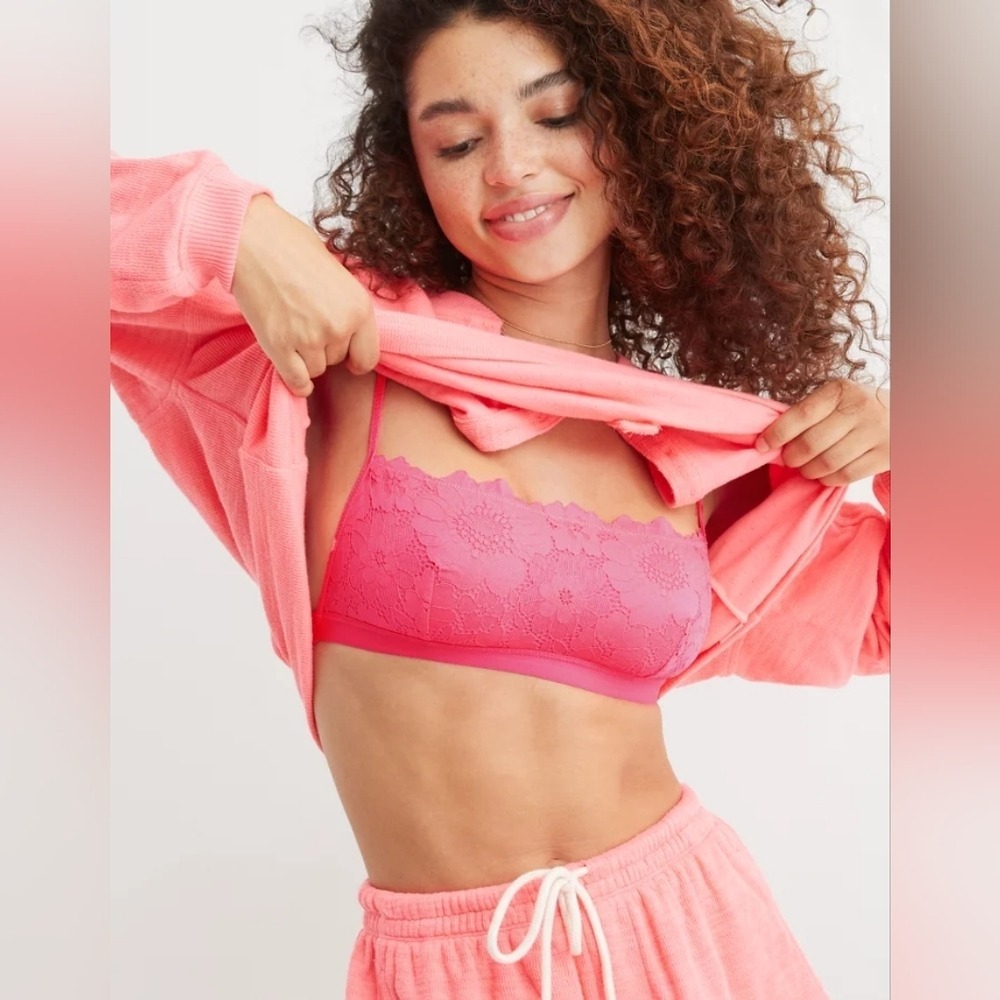 Aerie Real‎ Good Poppy Lace Bandeau Coral Sun Pink Size M NWT